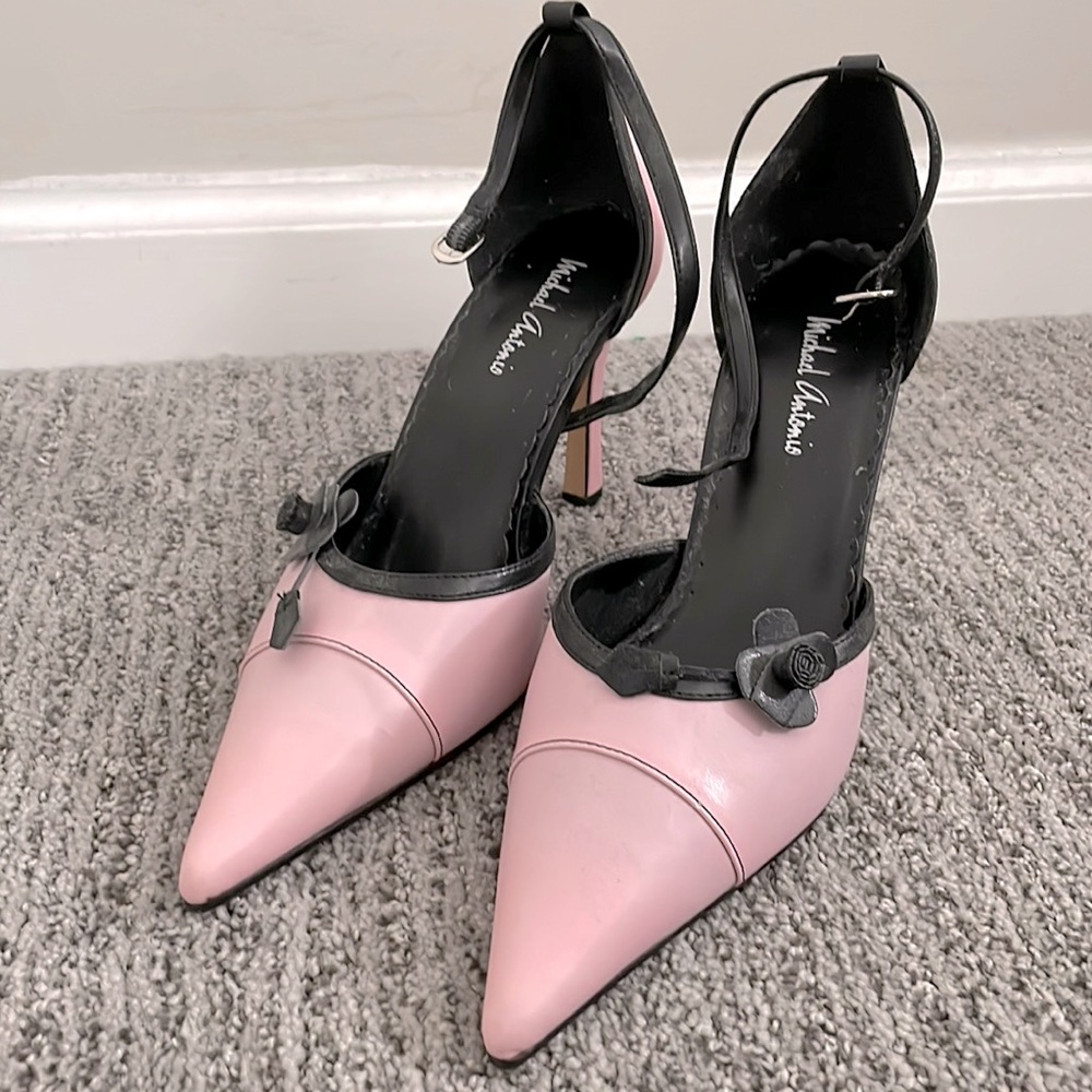 michael antonio pink and black pointy ankle-strap pumps
